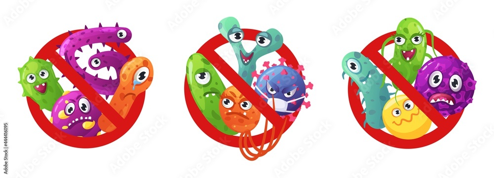 Stop microbes sign. Red prohibition signs with bacteria, viruses and germs characters. Antibacterial and antiviral protection vector concept. Vaccination or immunization from infection Stop microbes sign. Red prohibition signs with bacteria, viruses and germs characters. Antibacterial and antiviral protection vector concept. Vaccination or immunization from infection