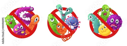 Stop microbes sign. Red prohibition signs with bacteria, viruses and germs characters. Antibacterial and antiviral protection vector concept. Vaccination or immunization from infection