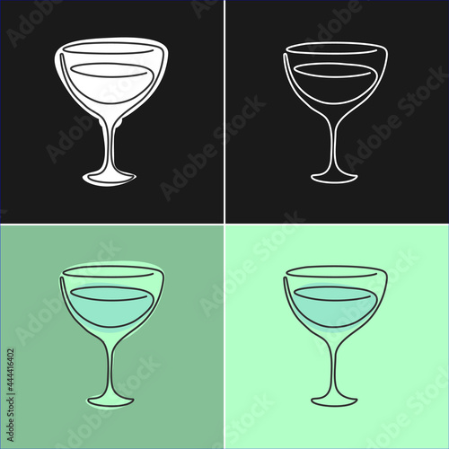 One line drawing vermouth glass on various background. Four types of images. Colored cartoon graphic sketch. Continuous line way. Hand drawn party drinks concept. Freehand drawing style