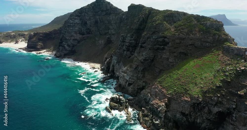 Aerial shot of the Cape Of Good Hope and Cape Point where Indian, South and Atlantic Oceans meet.