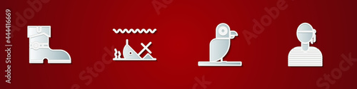 Set Leather pirate boots, Sunken ship, Pirate parrot and Sailor captain icon. Vector