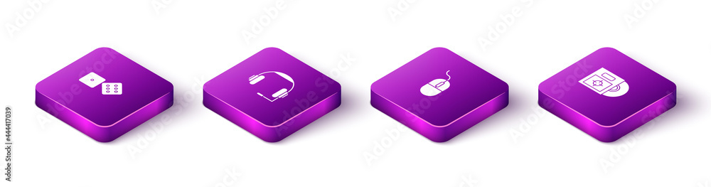 Set Isometric Game dice, Headphones, Computer mouse and CD or DVD disk in box icon. Vector Set Isometric Game dice, Headphones, Computer mouse and CD or DVD disk in box icon. Vector