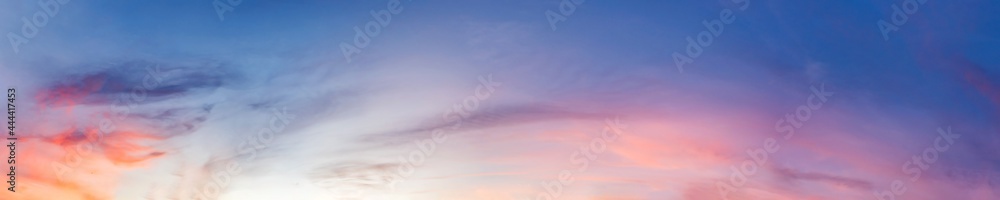 Panorama of Dramatic vibrant color with beautiful cloud of sunrise and sunset. Panoramic image..