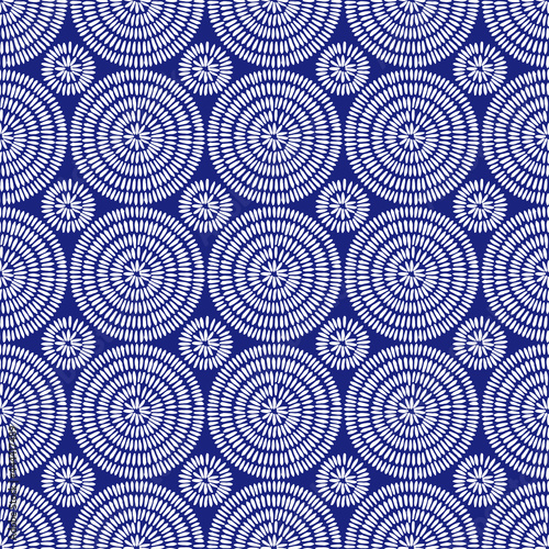 Seamless african shweshwe pattern. Blue and white print for textiles. Polka dot ornament. Vector illustration.