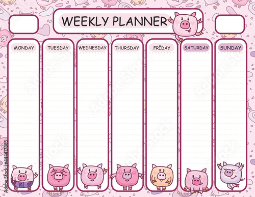 Vector template weekly planner.  Funny piglets  cartoons design.