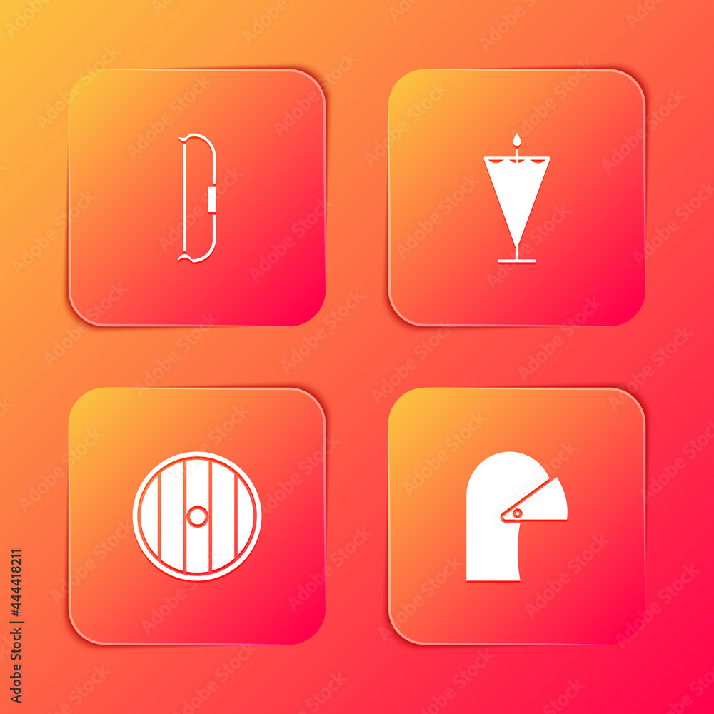 Set Medieval bow, flag, Round wooden shield and iron helmet icon. Vector Set Medieval bow, flag, Round wooden shield and iron helmet icon. Vector