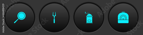 Set Frying pan, Barbecue fork, Manual coffee grinder and Oven icon. Vector