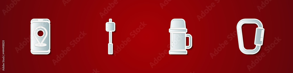 Set City map navigation, Marshmallow stick, Thermos container and Carabiner icon. Vector Set City map navigation, Marshmallow stick, Thermos container and Carabiner icon. Vector
