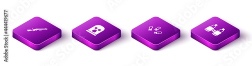 Set Isometric Shotgun, Balaclava, Cartridges and Binoculars icon. Vector