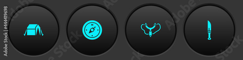 Set Tourist tent, Compass, Slingshot and Hunter knife icon. Vector