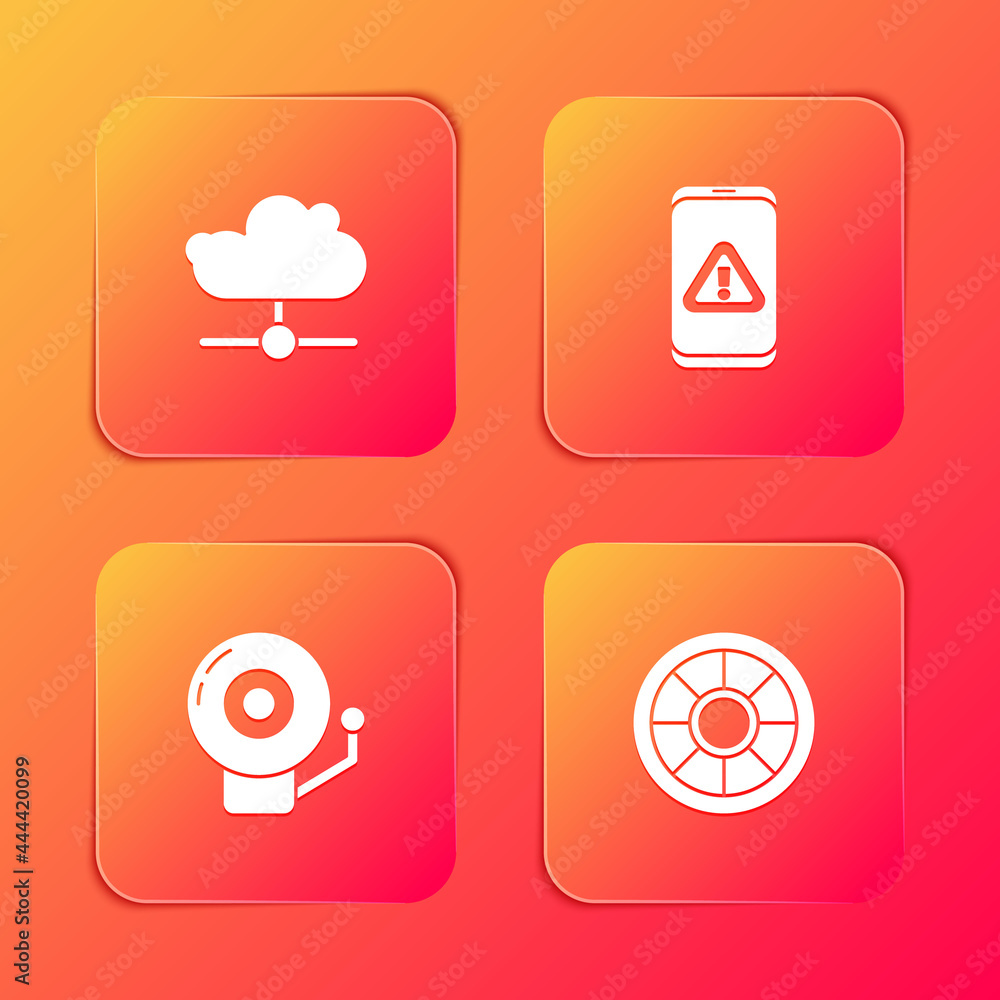 Set Network cloud connection, Mobile with exclamation mark, Ringing alarm bell and Safe icon. Vector Set Network cloud connection, Mobile with exclamation mark, Ringing alarm bell and Safe icon. Vector