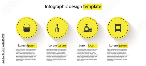 Set Basket, Garden rake, Full sack and wooden box and Fertilizer bag. Business infographic template. Vector