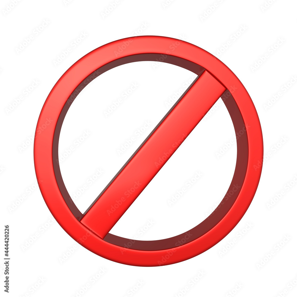 Red circle with an oblique line. Prohibition sign. 3D rendering. Blank for design. Layout. Isolated on white background Red circle with an oblique line. Prohibition sign. 3D rendering. Blank for design. Layout. Isolated on white background