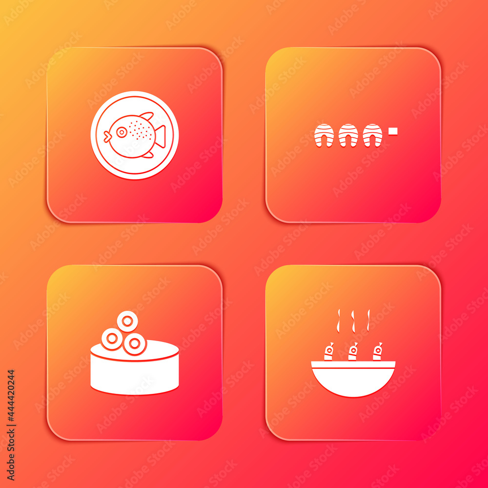 Set Puffer fish on a plate, Grilled steak, Tin can with caviar and Soup shrimps icon. Vector Set Puffer fish on a plate, Grilled steak, Tin can with caviar and Soup shrimps icon. Vector