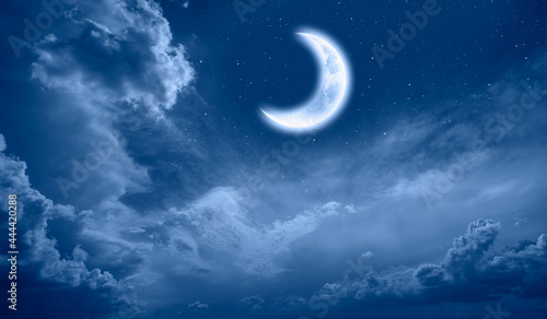 Silhouette of birds flying - Night sky with crescent bright moon in the clouds, blue sea in the foreground "Elements of this image furnished by NASA"