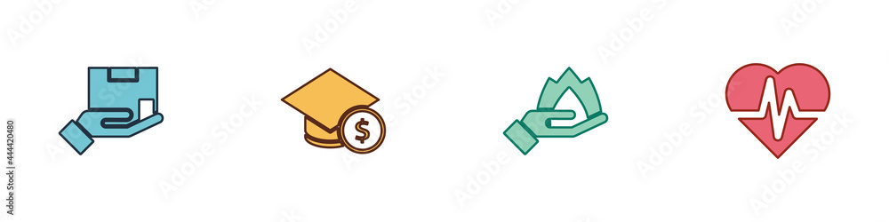 Set Delivery insurance, Graduation cap and coin, Hand holding fire and Health icon. Vector