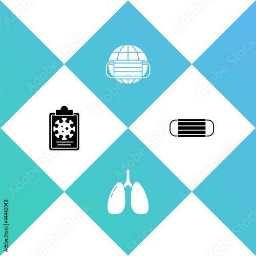 Set Clipboard with blood test results, Lungs, Earth medical mask and Medical protective icon. Vector