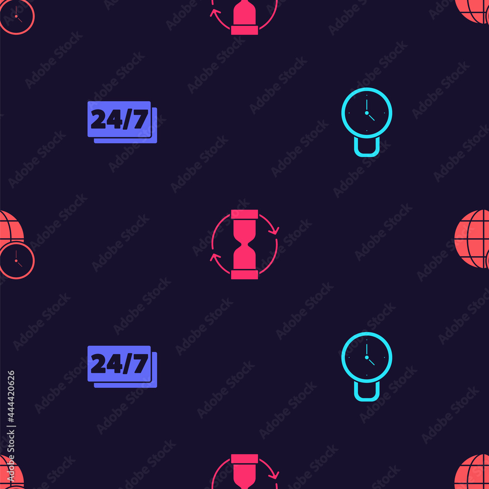 Set Clock, 24 hours, Old hourglass and World time on seamless pattern. Vector Set Clock, 24 hours, Old hourglass and World time on seamless pattern. Vector