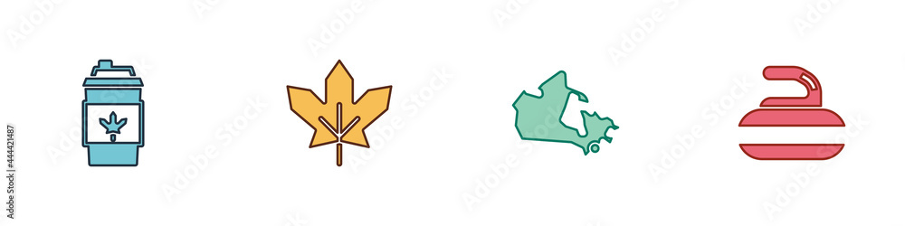 Set Coffee cup to go, Canadian maple leaf, Canada and Stone for curling icon. Vector Set Coffee cup to go, Canadian maple leaf, Canada and Stone for curling icon. Vector