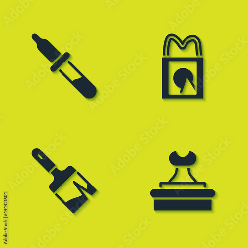 Set Pipette, Stamp, Paint brush and Paper shopping bag icon. Vector