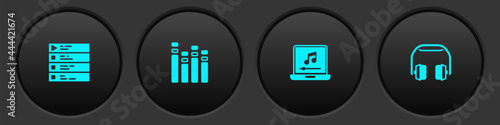 Set Music playlist, equalizer, Laptop with music note and Headphones icon. Vector