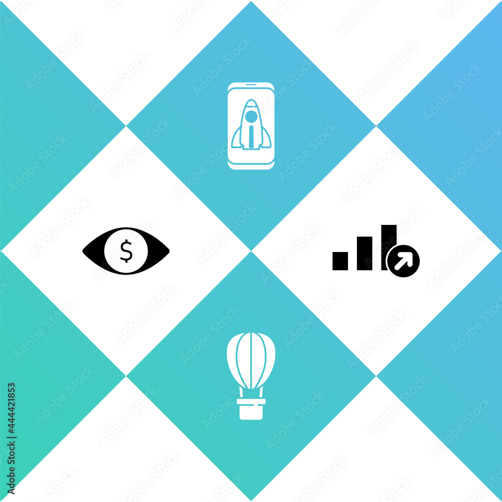 Set Eye with dollar, Hot air balloon, Startup project concept and Financial growth icon. Vector Set Eye with dollar, Hot air balloon, Startup project concept and Financial growth icon. Vector