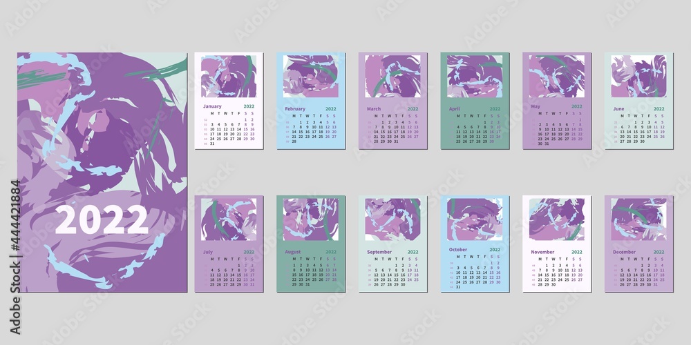 2022 calendar contemporary abstract art. Screen, desk, desktop months 2022, colorful 2022 calendar template. Sketched calendar, day planner, week planner. Set 12 month pages. Vector set. 2022 calendar contemporary abstract art. Screen, desk, desktop months 2022, colorful 2022 calendar template. Sketched calendar, day planner, week planner. Set 12 month pages. Vector set.
