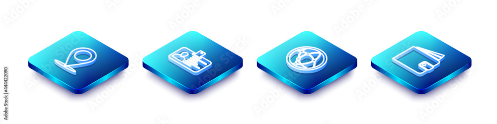 Set Isometric line Map pin, Identification badge, Social network and Wallet icon. Vector Set Isometric line Map pin, Identification badge, Social network and Wallet icon. Vector