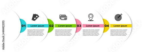 Set line Stacks paper money cash, Credit card, Map pin and Target with arrow. Business infographic template. Vector