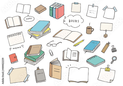 本やノート、文房具の手描きイラスト（カラー）