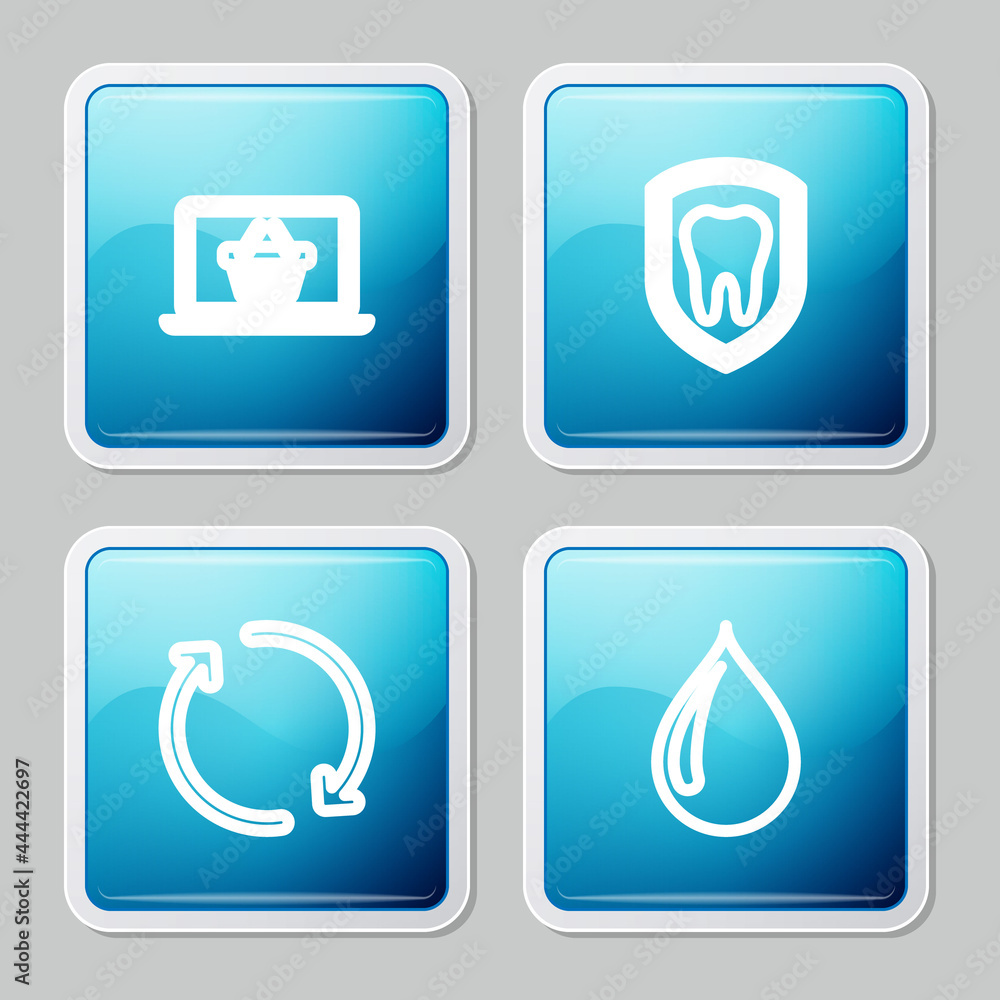 Set line Shopping basket on laptop, Dental protection, Refresh and Water drop icon. Vector Set line Shopping basket on laptop, Dental protection, Refresh and Water drop icon. Vector