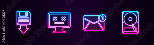 Set line Floppy disk backup, Dead monitor, New, email incoming message and Hard drive HDD. Glowing neon icon. Vector