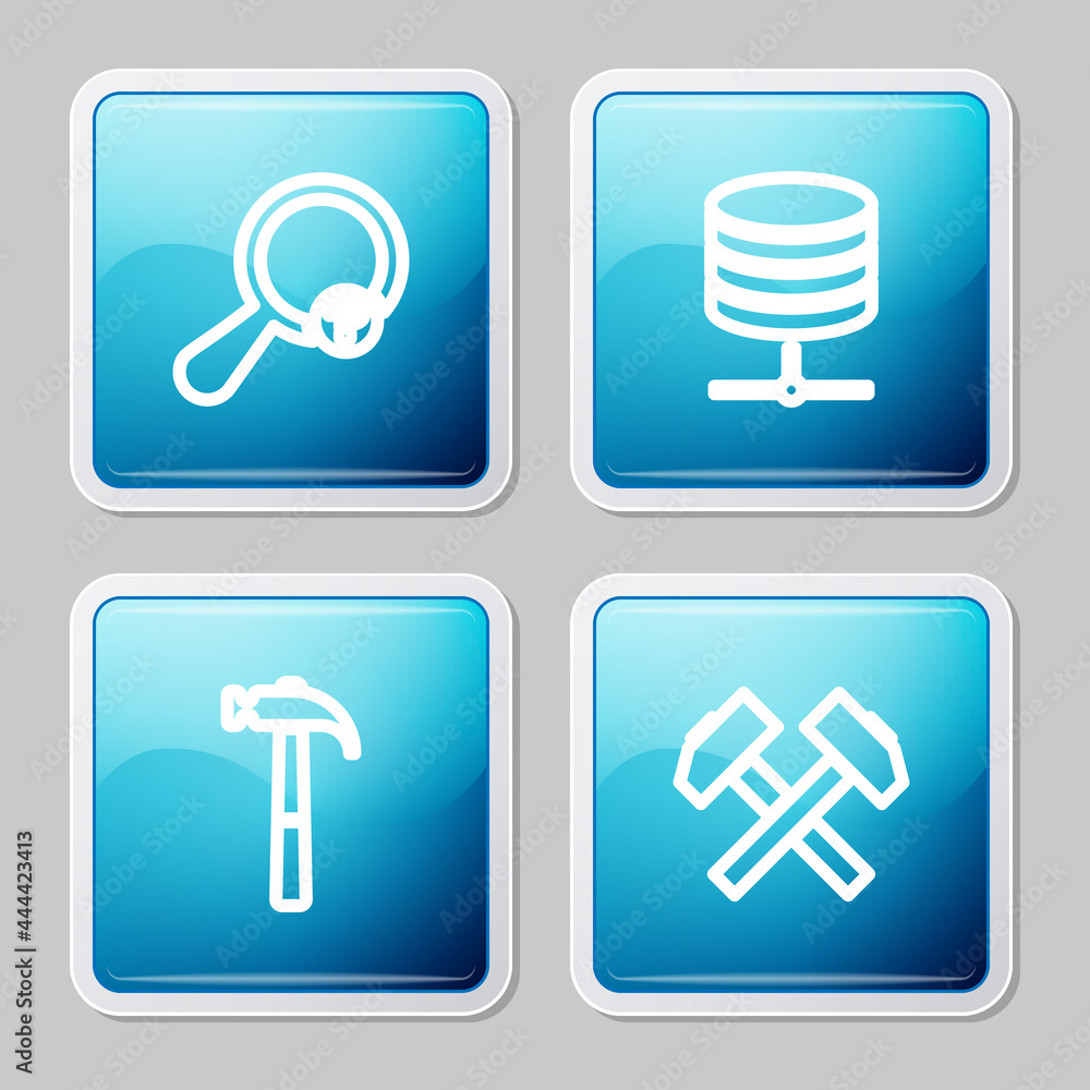 Set line Unknown search, Server, Data, Web Hosting, Hammer and Two crossed hammers icon. Vector Set line Unknown search, Server, Data, Web Hosting, Hammer and Two crossed hammers icon. Vector