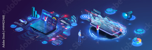 People analyze charts, graphs, plan business strategy and manage data on a laptop and smartphone. Digital marketing. Business analysis isometric vector illustration. Growth strategy or financial goal 