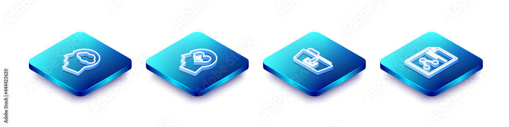 Set Isometric line Head silhouette with cloud, heartbeat, Folder download and Share file icon. Vector Set Isometric line Head silhouette with cloud, heartbeat, Folder download and Share file icon. Vector