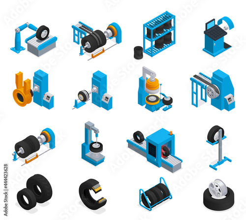Tire Production Service Isometric Icon Set