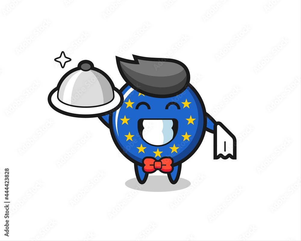 Character mascot of europe flag badge as a waiters Character mascot of europe flag badge as a waiters