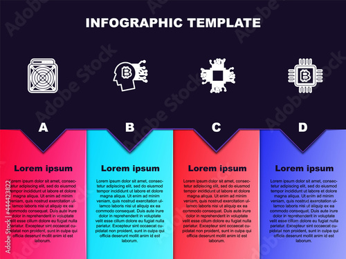 Set line ASIC Miner, Bitcoin think, Processor and CPU mining farm. Business infographic template. Vector