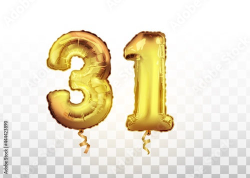 vector Golden foil number 31 thirty one of inflatable balloon isolated on white background. Anniversary sign for happy holiday, celebration