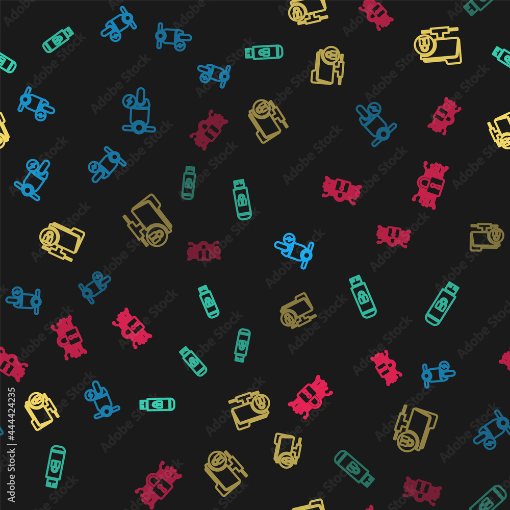 Set line Electric scooter, USB flash drive with lock, FTP folder and and Cyber security on seamless pattern. Vector Set line Electric scooter, USB flash drive with lock, FTP folder and and Cyber security on seamless pattern. Vector