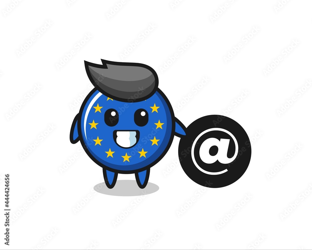 Cartoon Illustration of europe flag badge standing beside the At symbol Cartoon Illustration of europe flag badge standing beside the At symbol