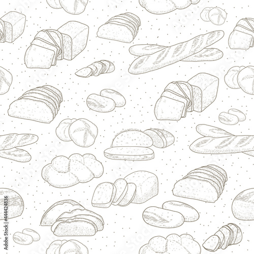 Hand drawn sketch with bread  pastry  sweet. Bakery set in engraved style. Seamless Pattern Bread Set for packaging design