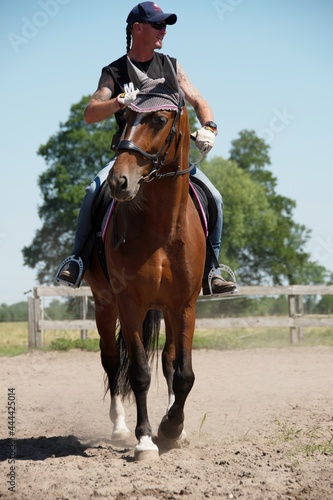 Horse riding instructor works with the horse.