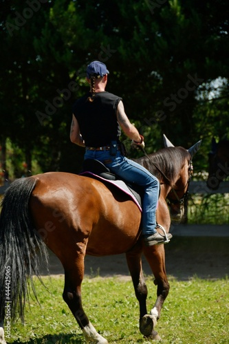 Horse riding instructor works with the horse.