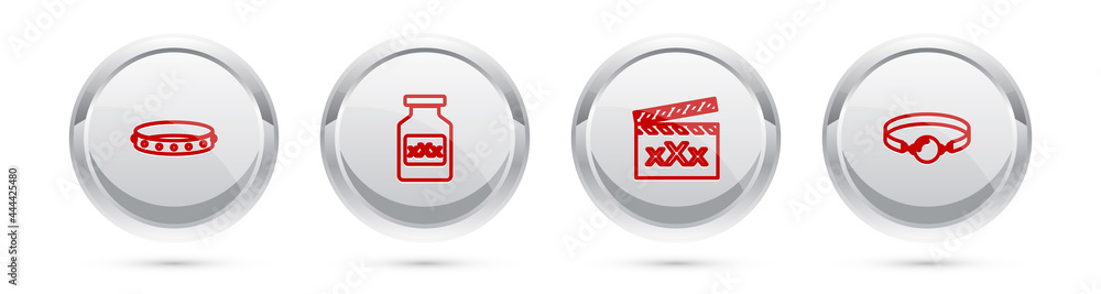 Set line Leather fetish collar, Bottle with pills for potency, Movie clapper Sex and Silicone ball gag. Silver circle button. Vector Set line Leather fetish collar, Bottle with pills for potency, Movie clapper Sex and Silicone ball gag. Silver circle button. Vector