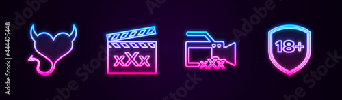 Set line Devil heart with horns, Movie clapper Sex, Video camera and Shield 18 plus. Glowing neon icon. Vector