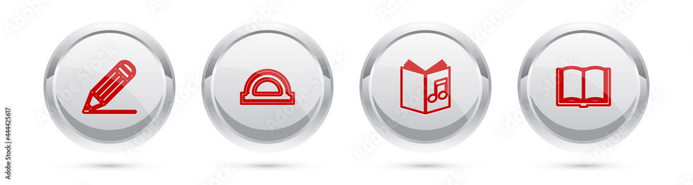 Set line Pencil and line, Protractor grid, Audio book and Open. Silver circle button. Vector