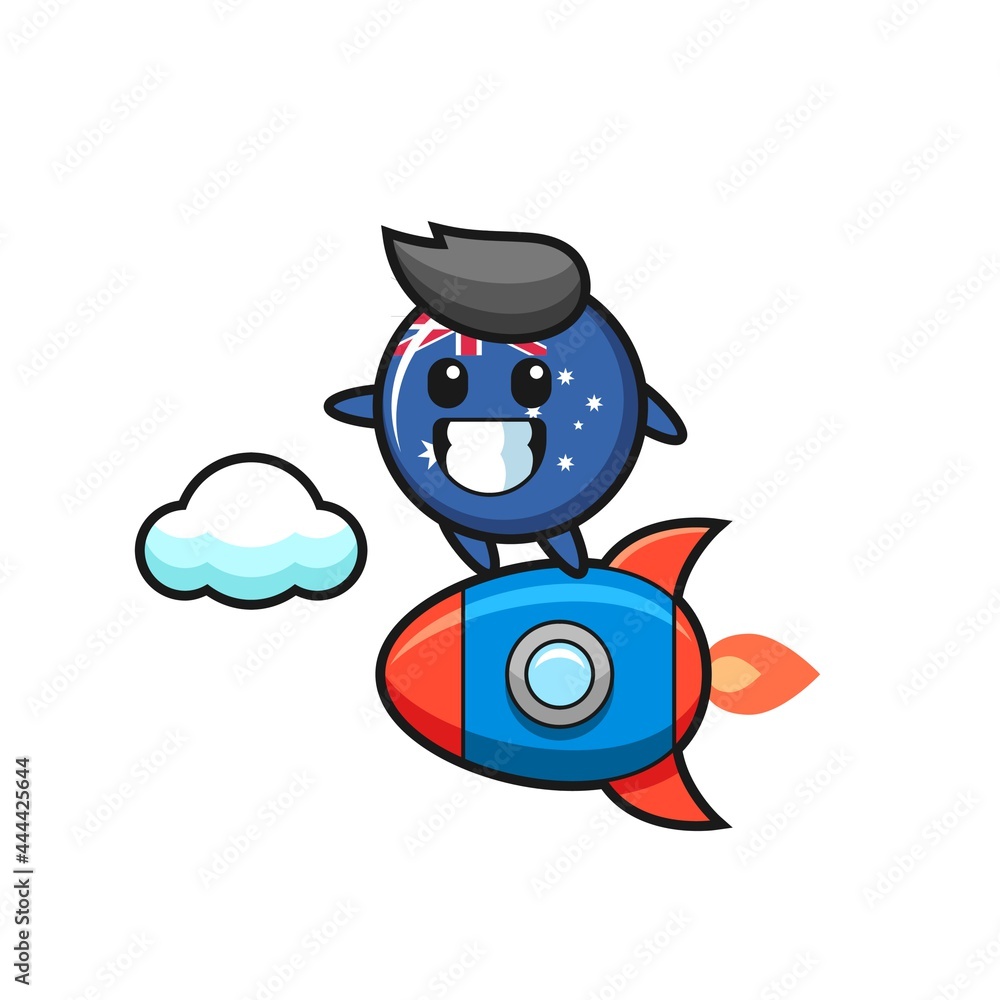 australia flag badge mascot character riding a rocket