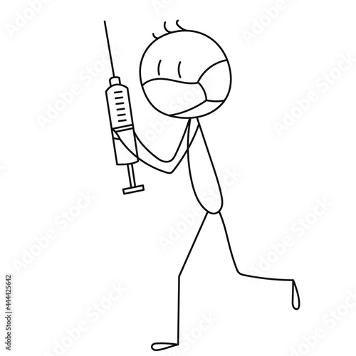 stick figure man running with syringe, isolated, vector