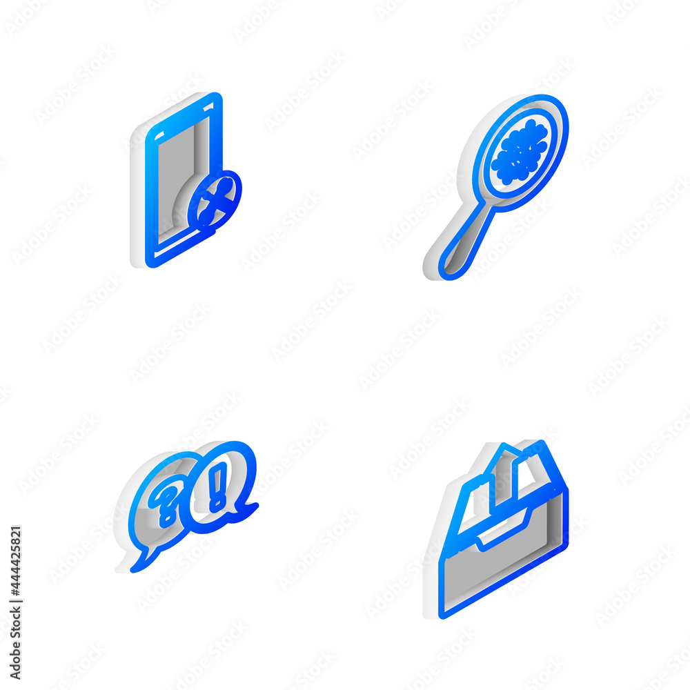 Set Isometric line Microorganisms under magnifier, Mobile service, Question and Exclamation and Upload inbox icon. Vector Set Isometric line Microorganisms under magnifier, Mobile service, Question and Exclamation and Upload inbox icon. Vector